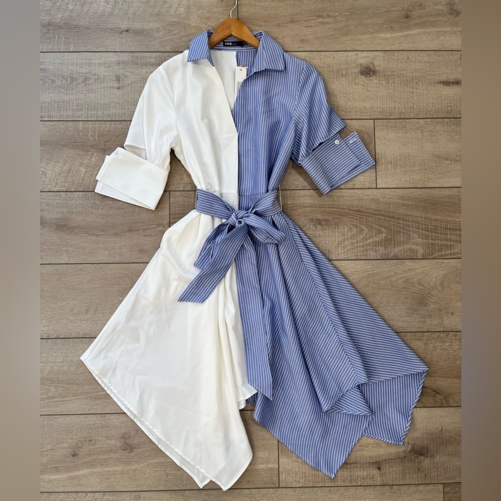 I:NA blue & white colorblock striped asymmetrical hem tie waist shirt dress NWT - Picture 13 of 16